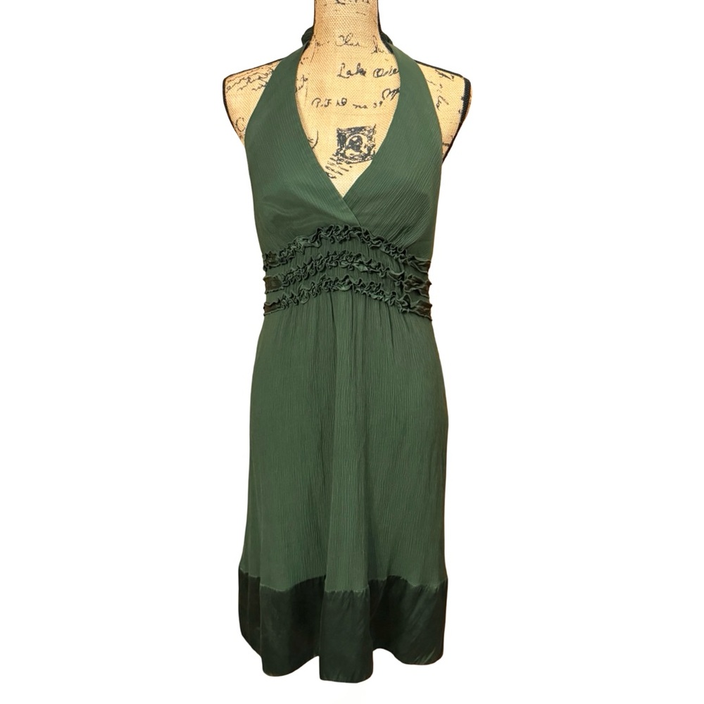 BCBGMaxAzaria Forest Green Gauzy Halter Dress Size 8